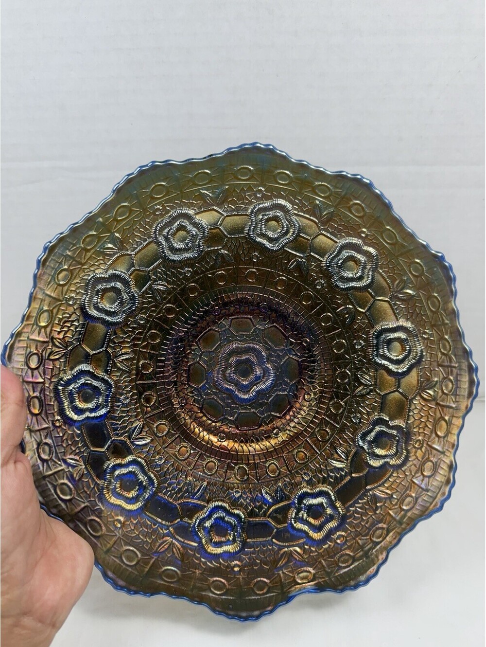 Antique Fenton Captive Rose Blue Iridescent Carnival Glass Plate c. 1911
